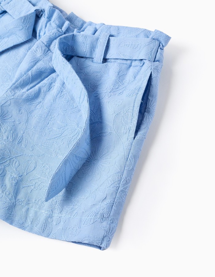 Cotton shorts with embroidery and belt for girls, light blue