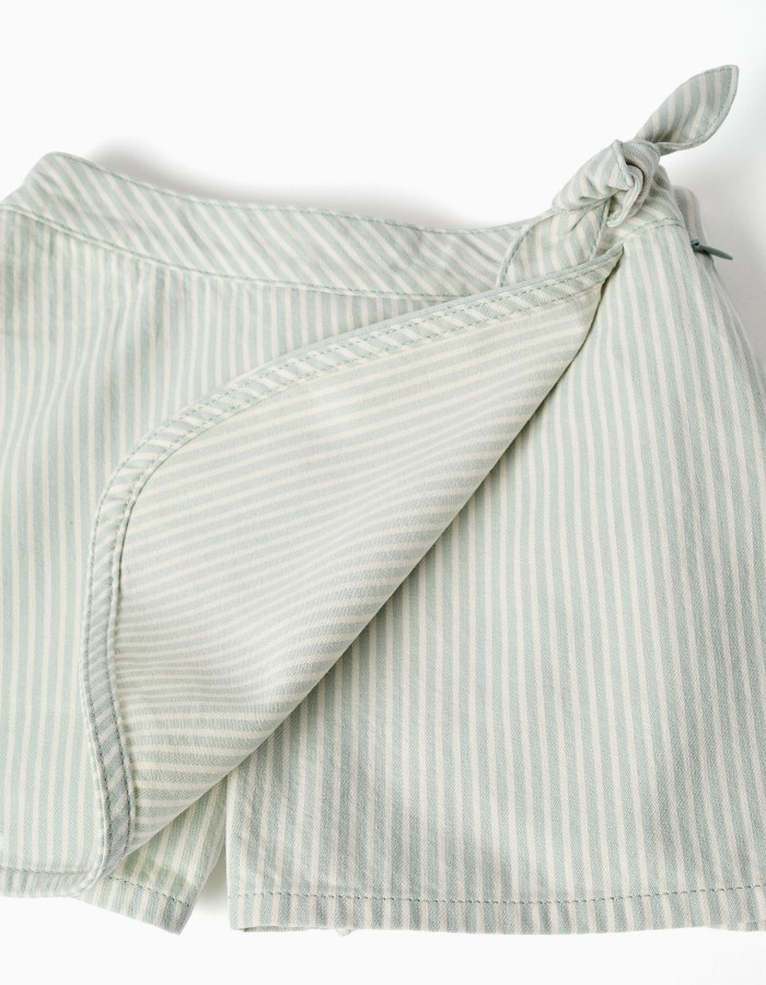 Cotton striped skort with knot for girls, light green/white
