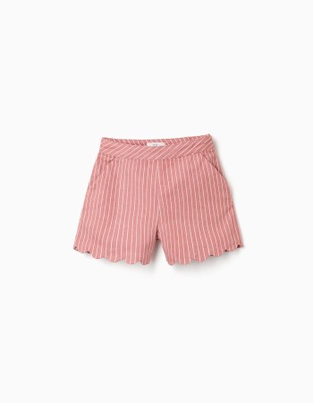 Cotton twill shorts with stripes for girls, pink/white