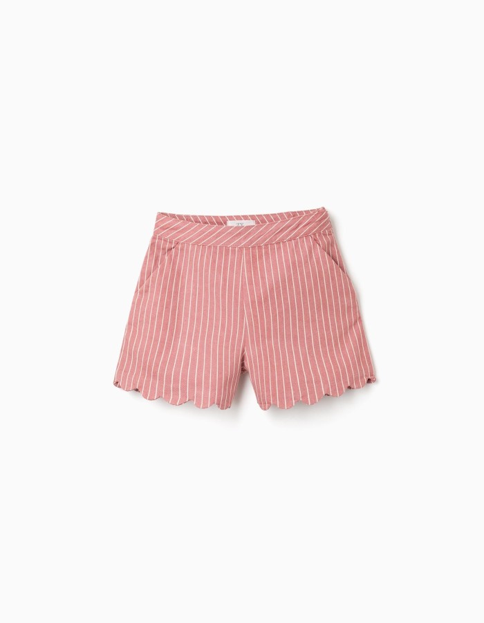 Cotton twill shorts with stripes for girls, pink/white
