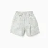Cotton shorts with Vichy pattern B&S for girls, white/light green