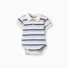 Polo-bodysuit with stripes for newborn boys, white/blue/orange