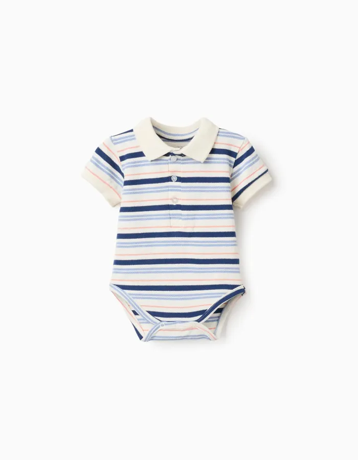 Polo-bodysuit with stripes for newborn boys, white/blue/orange