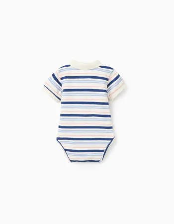 Polo-bodysuit with stripes for newborn boys, white/blue/orange