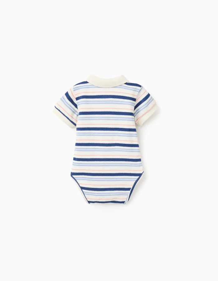 Polo-bodysuit with stripes for newborn boys, white/blue/orange