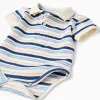 Polo-bodysuit with stripes for newborn boys, white/blue/orange