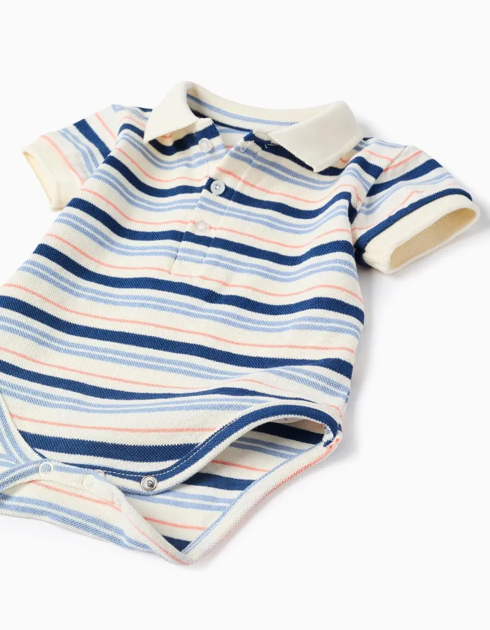 Polo-bodysuit with stripes for newborn boys, white/blue/orange