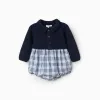 Dual-fabric checked jumpsuit in cotton B&S for newborn boys, blue