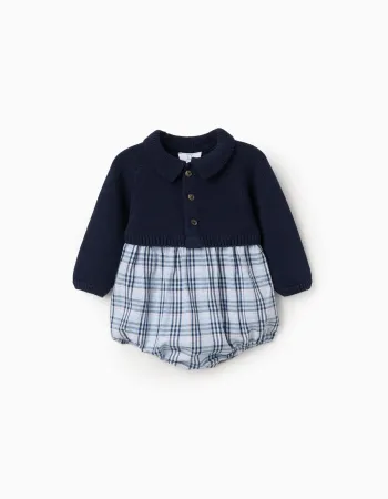 Dual-fabric checked jumpsuit in cotton B&S for newborn boys, blue