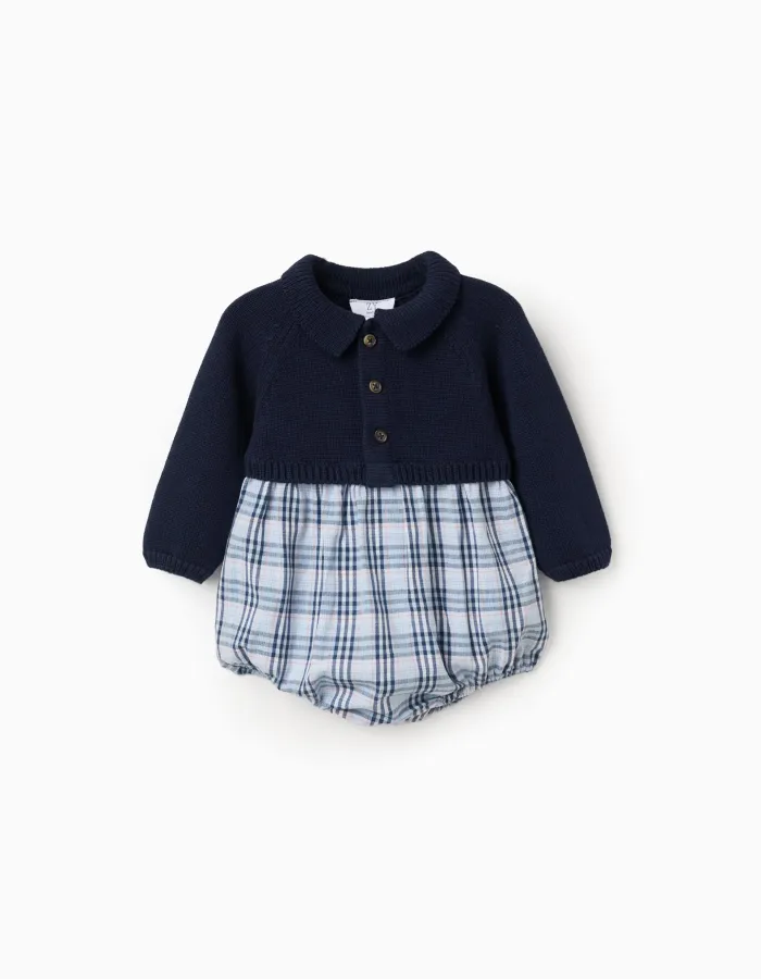 Dual-fabric checked jumpsuit in cotton B&S for newborn boys, blue