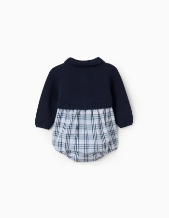 Dual-fabric checked jumpsuit in cotton B&S for newborn boys, blue