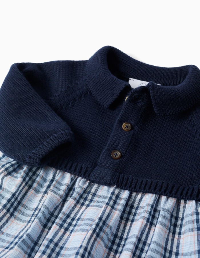 Dual-fabric checked jumpsuit in cotton B&S for newborn boys, blue