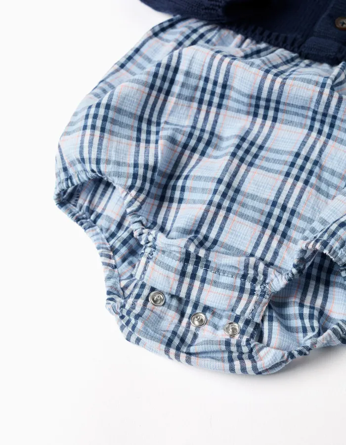 Dual-fabric checked jumpsuit in cotton B&S for newborn boys, blue