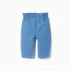 Denim paperbag trousers with decorative bow for newborn girls, blue
