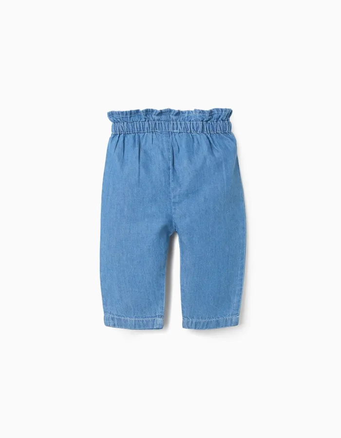 Denim paperbag trousers with decorative bow for newborn girls, blue
