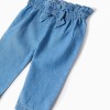 Denim paperbag trousers with decorative bow for newborn girls, blue