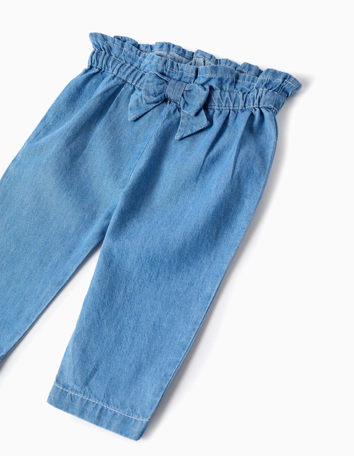 Denim paperbag trousers with decorative bow for newborn girls, blue