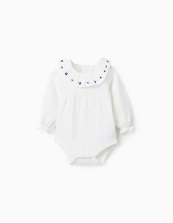 Long sleeve bodysuit with embroidered flowers for newborn girls, white