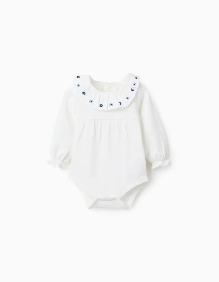 Long sleeve bodysuit with embroidered flowers for newborn girls, white