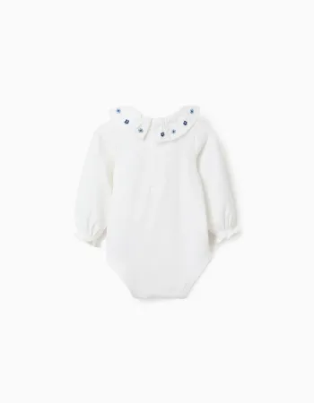 Long sleeve bodysuit with embroidered flowers for newborn girls, white