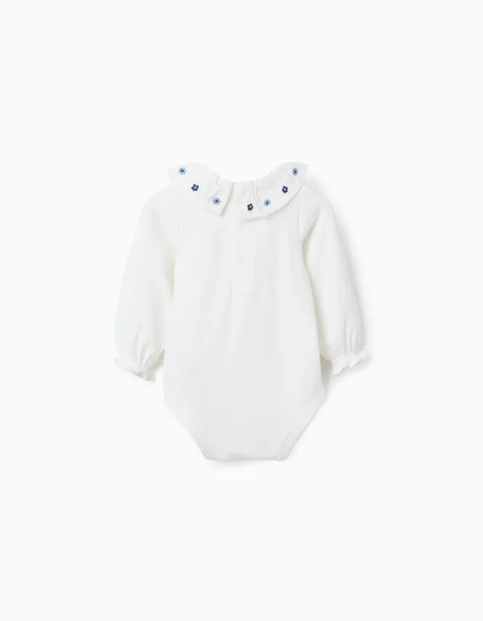 Long sleeve bodysuit with embroidered flowers for newborn girls, white