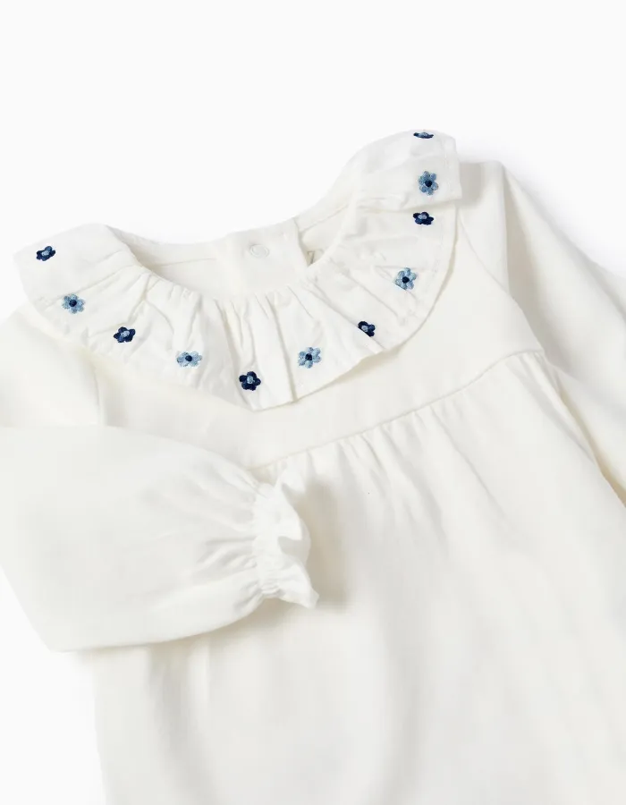 Long sleeve bodysuit with embroidered flowers for newborn girls, white