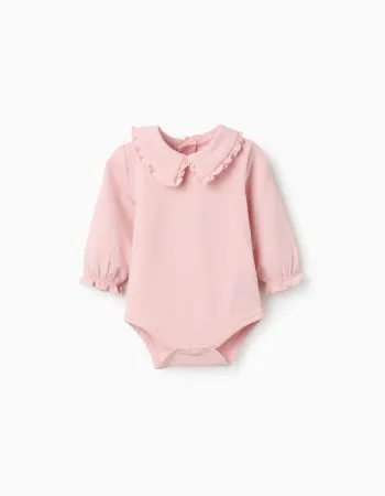Long sleeve bodysuit with ruffled collar for newborn girls, pink