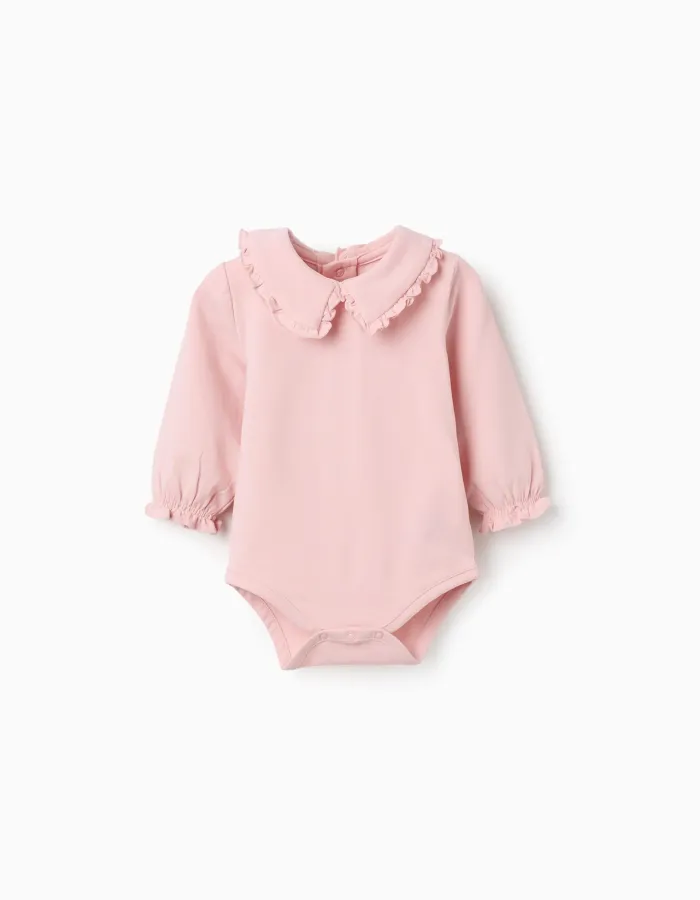 Long sleeve bodysuit with ruffled collar for newborn girls, pink