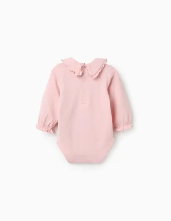 Long sleeve bodysuit with ruffled collar for newborn girls, pink
