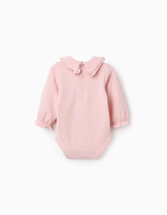 Long sleeve bodysuit with ruffled collar for newborn girls, pink
