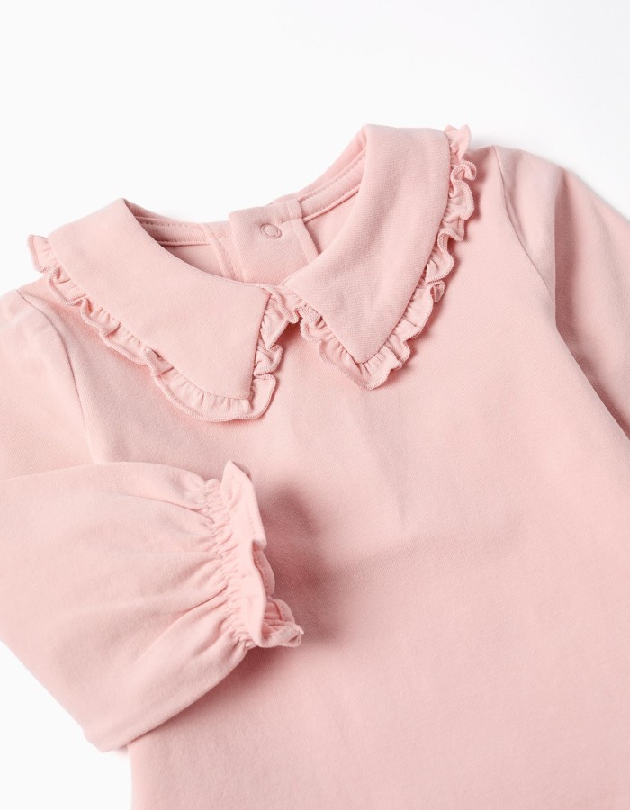 Long sleeve bodysuit with ruffled collar for newborn girls, pink
