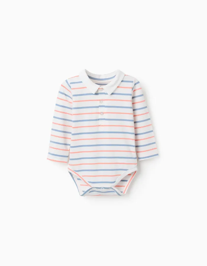 Long sleeve striped bodysuit for newborn boys, white/orange/blue