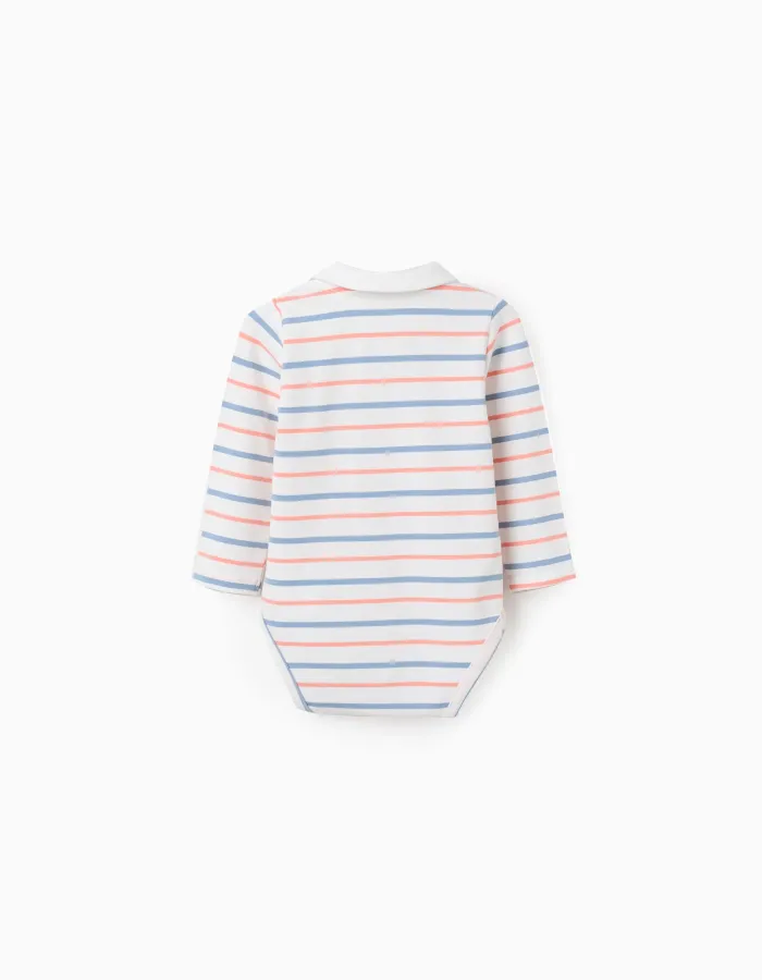 Long sleeve striped bodysuit for newborn boys, white/orange/blue