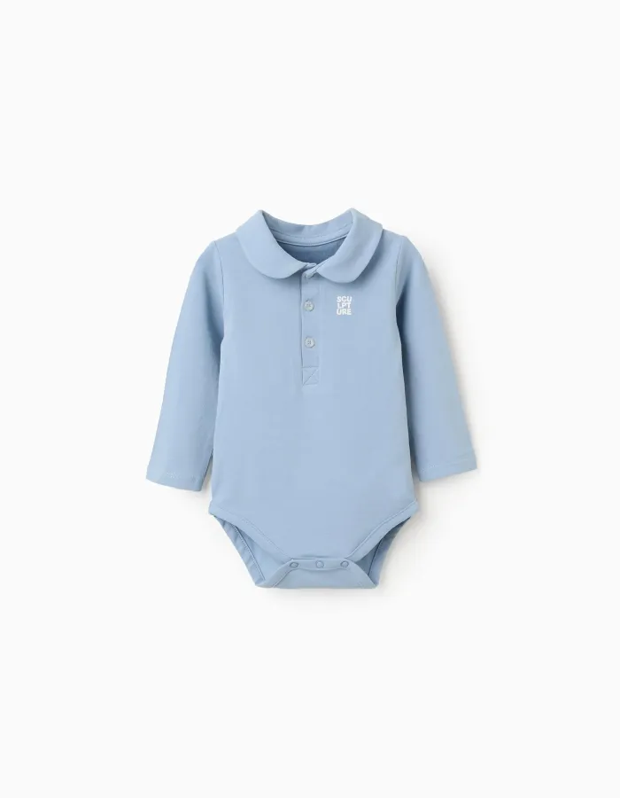 Cotton bodysuit with chest print for newborn boys, light blue