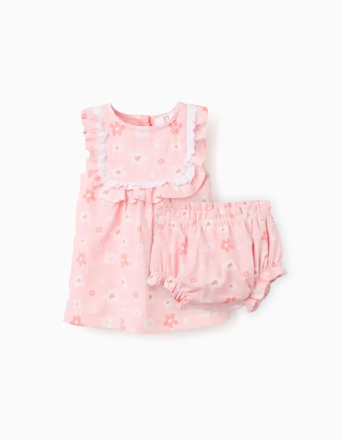 Cotton floral dress and bloomers for newborn girls, pink/white