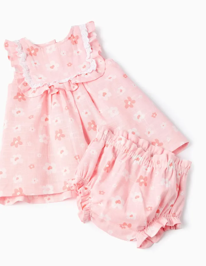 Cotton floral dress and bloomers for newborn girls, pink/white