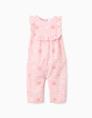 Cotton floral jumpsuit with ruffles for newborn girls, pink/white