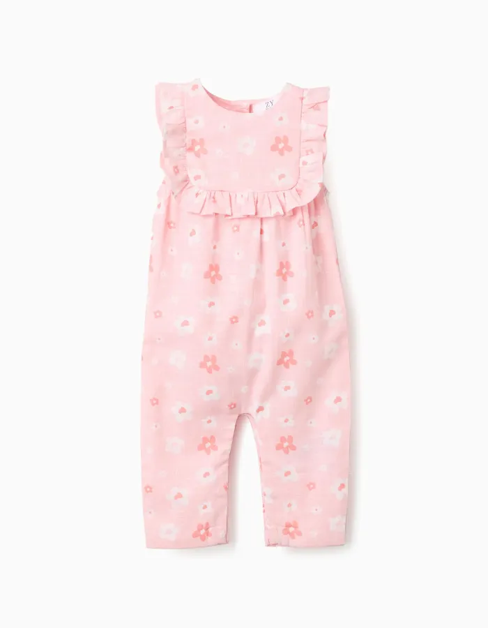 Cotton floral jumpsuit with ruffles for newborn girls, pink/white