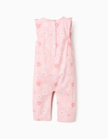 Cotton floral jumpsuit with ruffles for newborn girls, pink/white