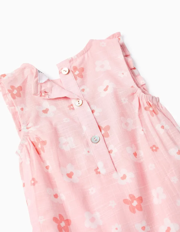Cotton floral jumpsuit with ruffles for newborn girls, pink/white