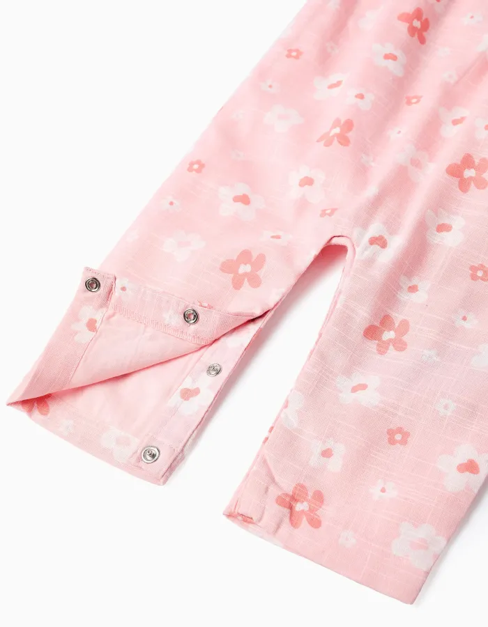 Cotton floral jumpsuit with ruffles for newborn girls, pink/white