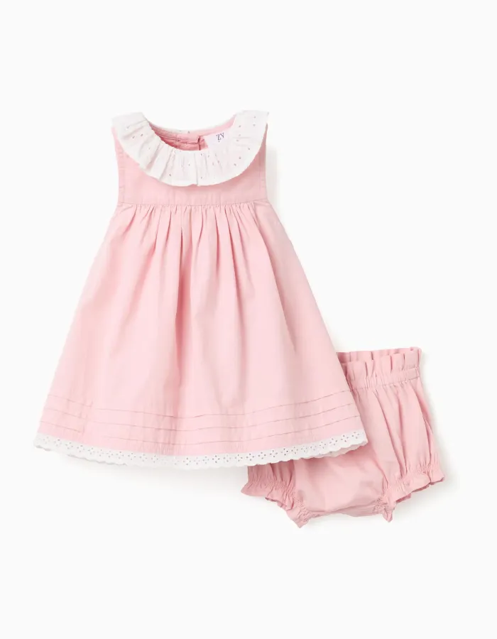 Poplin dress + bloomers with ruffles for newborn girls, light pink