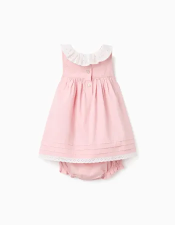 Poplin dress + bloomers with ruffles for newborn girls, light pink