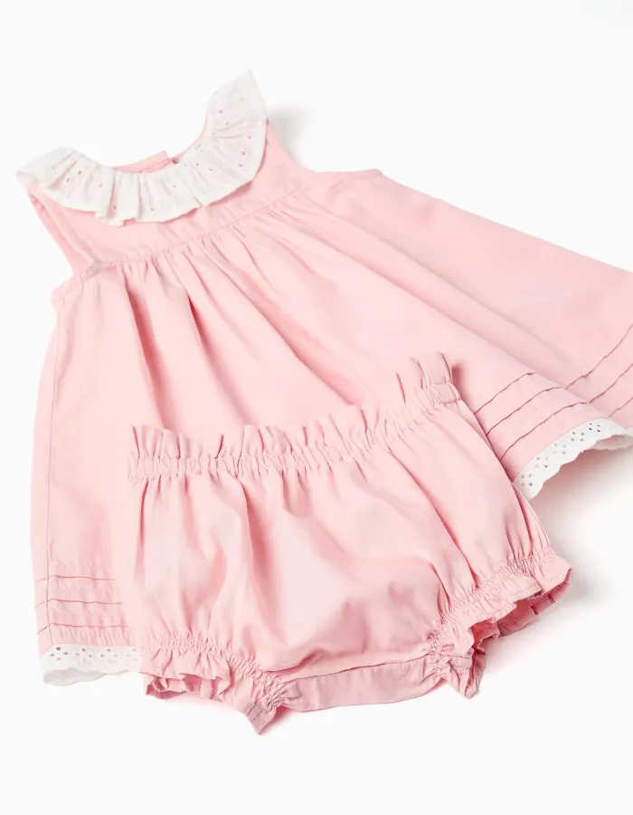 Poplin dress + bloomers with ruffles for newborn girls, light pink