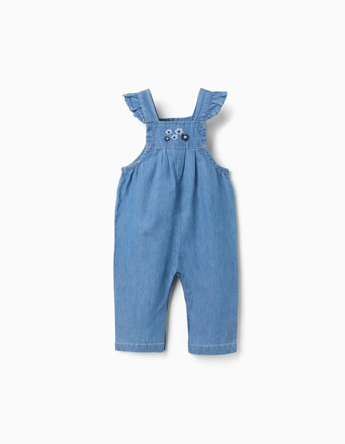 Denim jumpsuit with embroidered flowers for newborn girls, blue