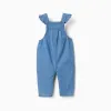 Denim jumpsuit with embroidered flowers for newborn girls, blue
