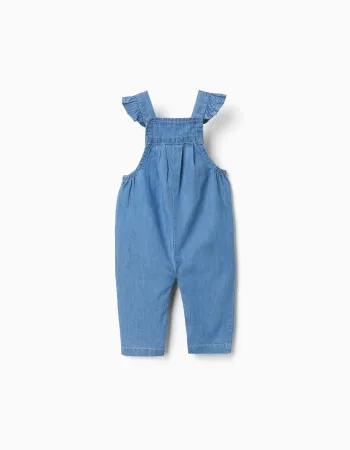 Denim jumpsuit with embroidered flowers for newborn girls, blue