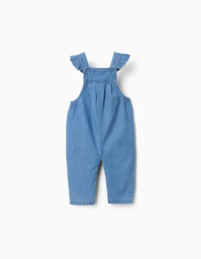 Denim jumpsuit with embroidered flowers for newborn girls, blue
