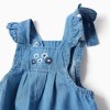 Denim jumpsuit with embroidered flowers for newborn girls, blue