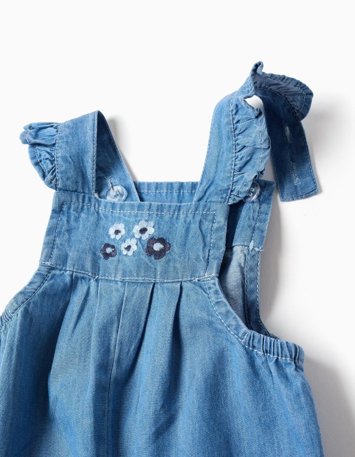 Denim jumpsuit with embroidered flowers for newborn girls, blue